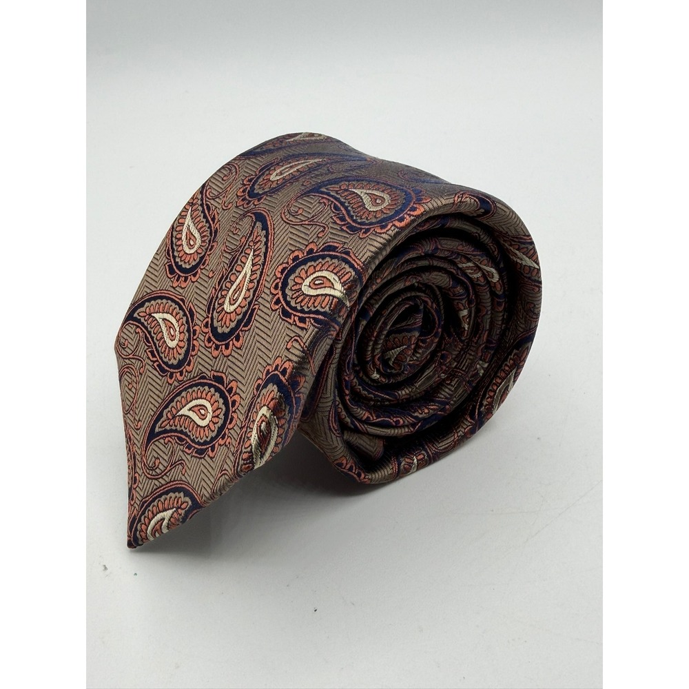 Jos. A. Bank Reserve Silk Tie Taupe Navy Copper Paisley Herringbone Necktie